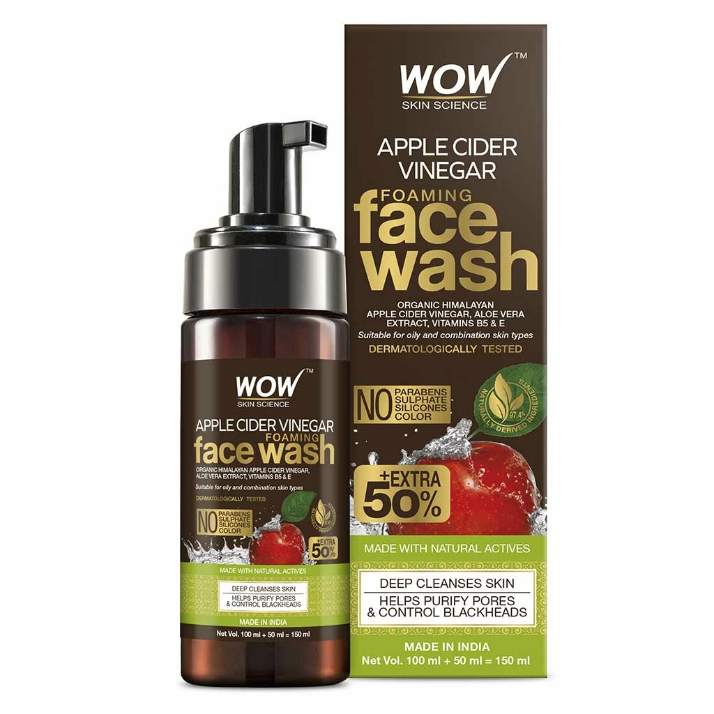 Wow Skin Science Apple Cider Vinegar Foaming Face Wash - Natural Ingredients, No Parabens, Sulfates, Or Silicones - Gentle & Effective Cleansing For All Skin Types - 150mL