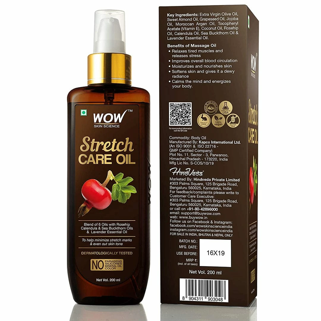WOW Skin Science Stretch Care Oil To Minimize Stretch Marks & Even Out Skin Tone - Blend Of 6 Oils With Rosehip Calendula & Sea Buckthorn Oils - No Parabens, Silicones, Mineral Oil & Color - 200 Ml