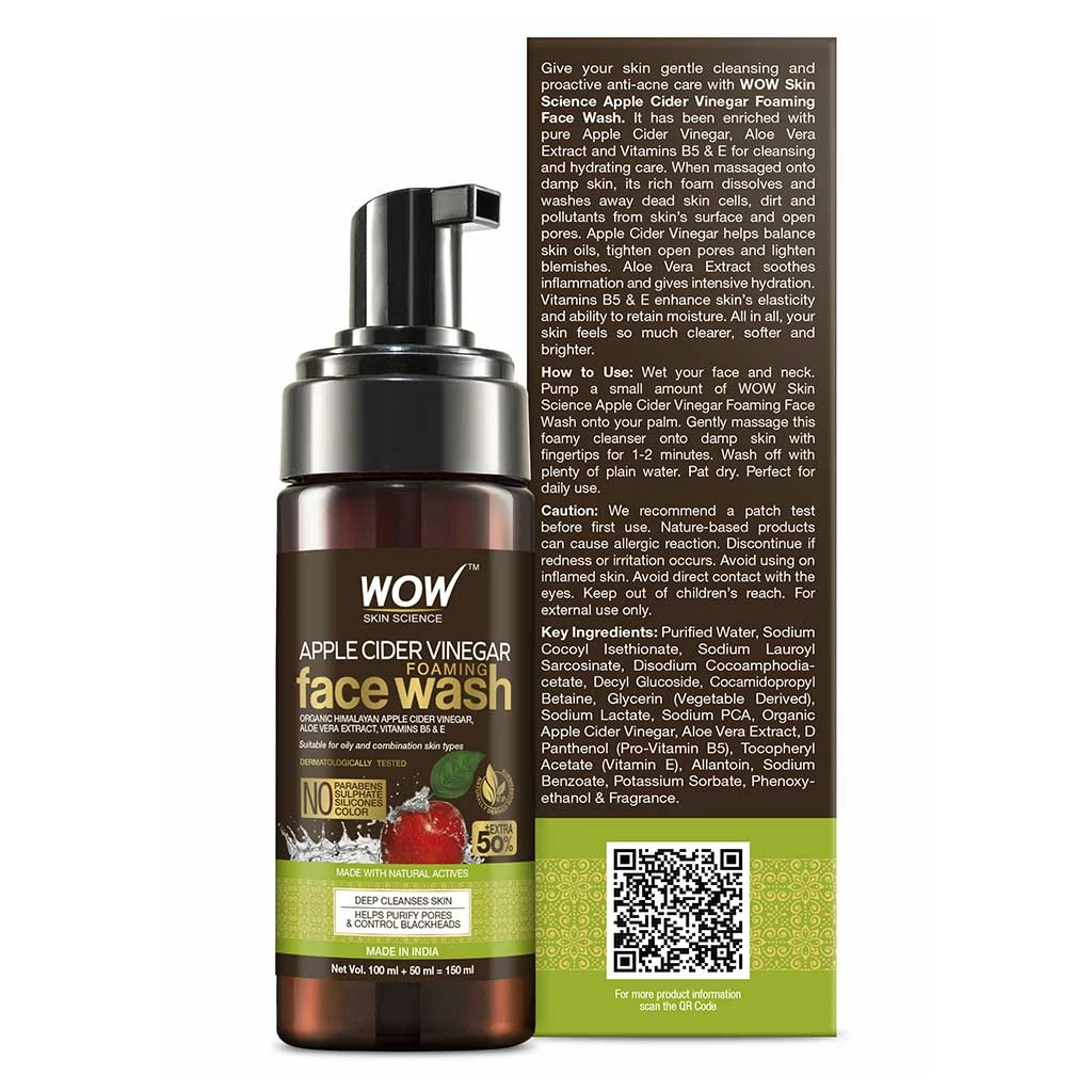 Wow Skin Science Apple Cider Vinegar Foaming Face Wash - Natural Ingredients, No Parabens, Sulfates, Or Silicones - Gentle & Effective Cleansing For All Skin Types - 150mL