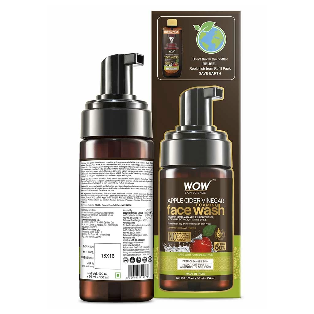 Wow Skin Science Apple Cider Vinegar Foaming Face Wash - Natural Ingredients, No Parabens, Sulfates, Or Silicones - Gentle & Effective Cleansing For All Skin Types - 150mL