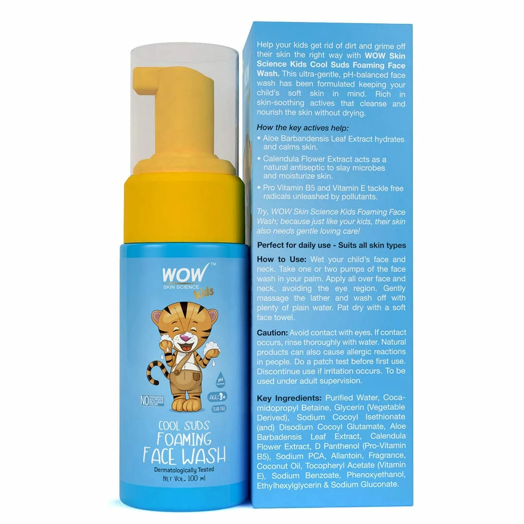WOW Skin Science Cool Suds Foaming Face Wash With Aloe Barbadensis Leaf & Calendula Flower Extract - Tear Free - No Parabens, Sulphates, Silicones & Color - 100 Ml Mother & Child
