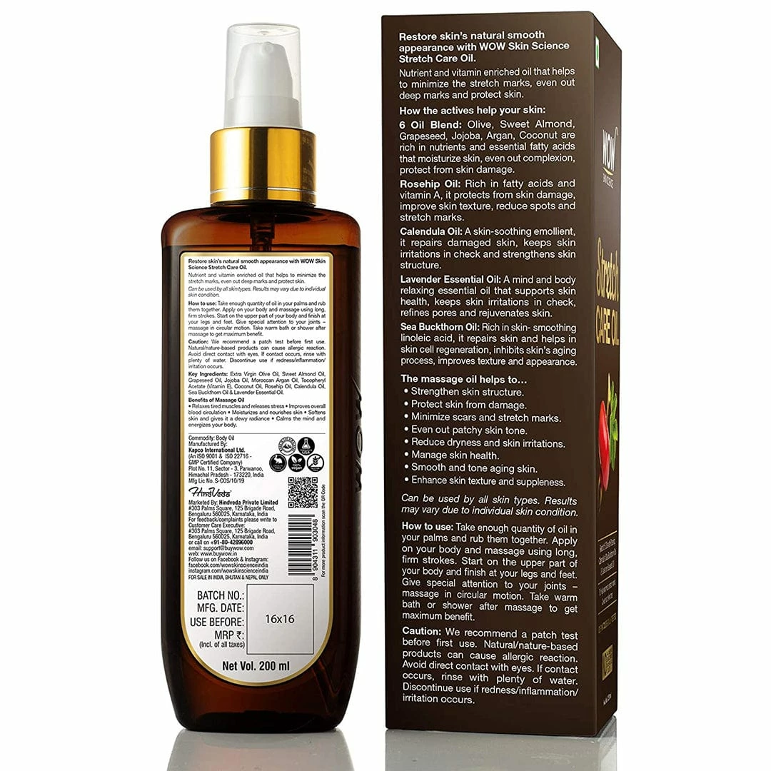WOW Skin Science Stretch Care Oil To Minimize Stretch Marks & Even Out Skin Tone - Blend Of 6 Oils With Rosehip Calendula & Sea Buckthorn Oils - No Parabens, Silicones, Mineral Oil & Color - 200 Ml