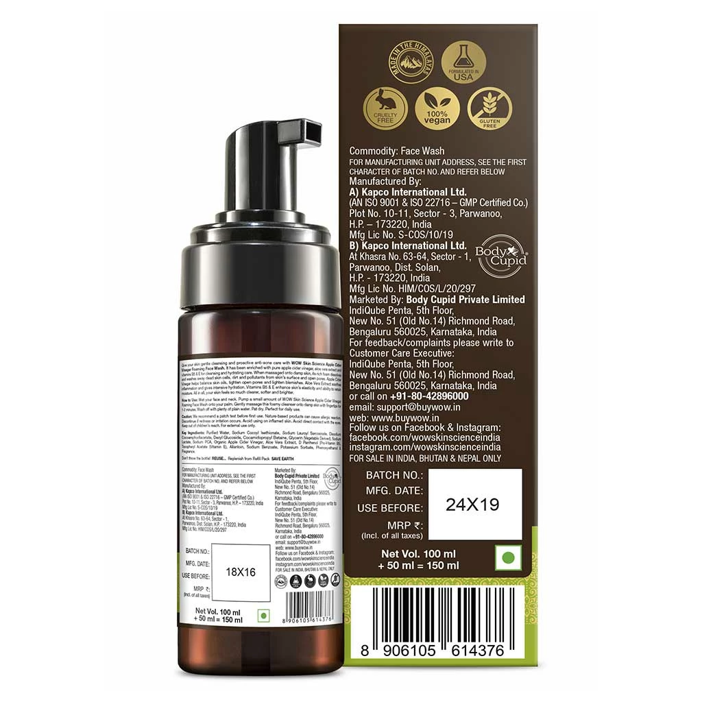 Wow Skin Science Apple Cider Vinegar Foaming Face Wash - Natural Ingredients, No Parabens, Sulfates, Or Silicones - Gentle & Effective Cleansing For All Skin Types - 150mL