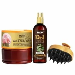 WOW Skin Science Combos 10 In 1 Active Hair Oil + Himalayan Rose Face & Body Scrub + Stimulating Scalp Massager Brush