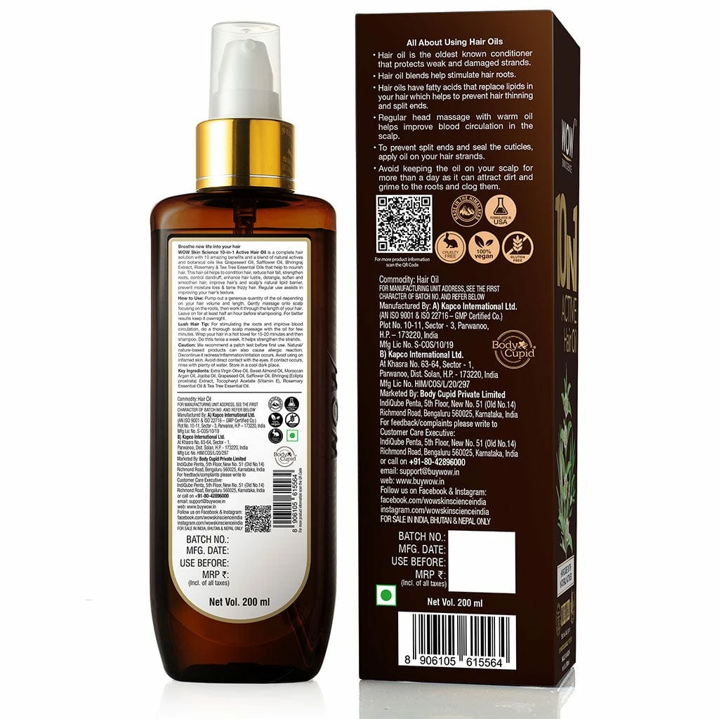 WOW Skin Science 10 In 1 Active Hair Oil - No Mineral Oil, Silicones & Synthetic Fragrance