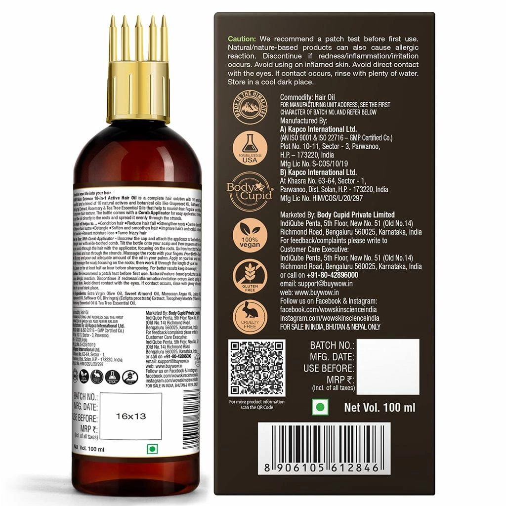 WOW Skin Science 10 In 1 Active Hair Oil - No Mineral Oil, Silicones & Synthetic Fragrance
