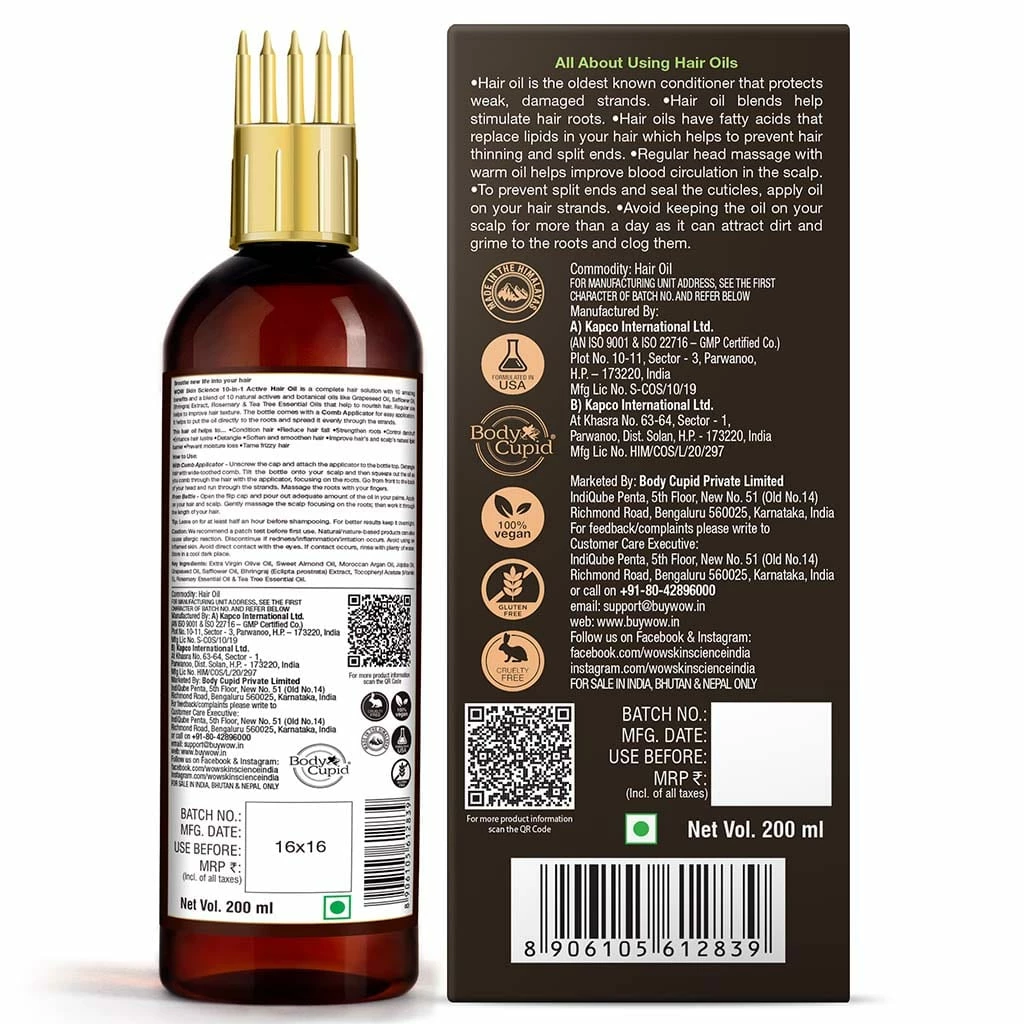 WOW Skin Science 10 In 1 Active Hair Oil - No Mineral Oil, Silicones & Synthetic Fragrance