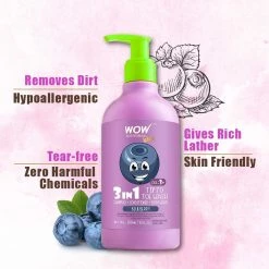 WOW Skin Science 3-in-1 Tip To Toe Wash - Blueberry Kids Shampoo + Conditioner + Body Wash - No Sulphates & Parabens - 300 Ml