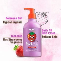 WOW Skin Science 3-in-1 Tip To Toe Wash - Strawberry Kids Shampoo + Conditioner + Body Wash - No Sulphates & Parabens - 300 Ml
