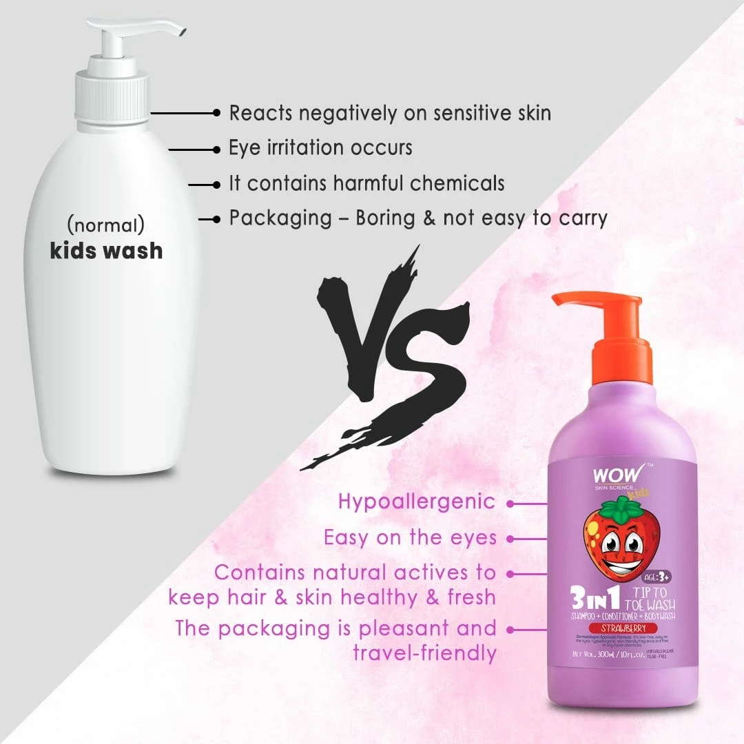 WOW Skin Science 3-in-1 Tip To Toe Wash - Strawberry Kids Shampoo + Conditioner + Body Wash - No Sulphates & Parabens - 300 Ml