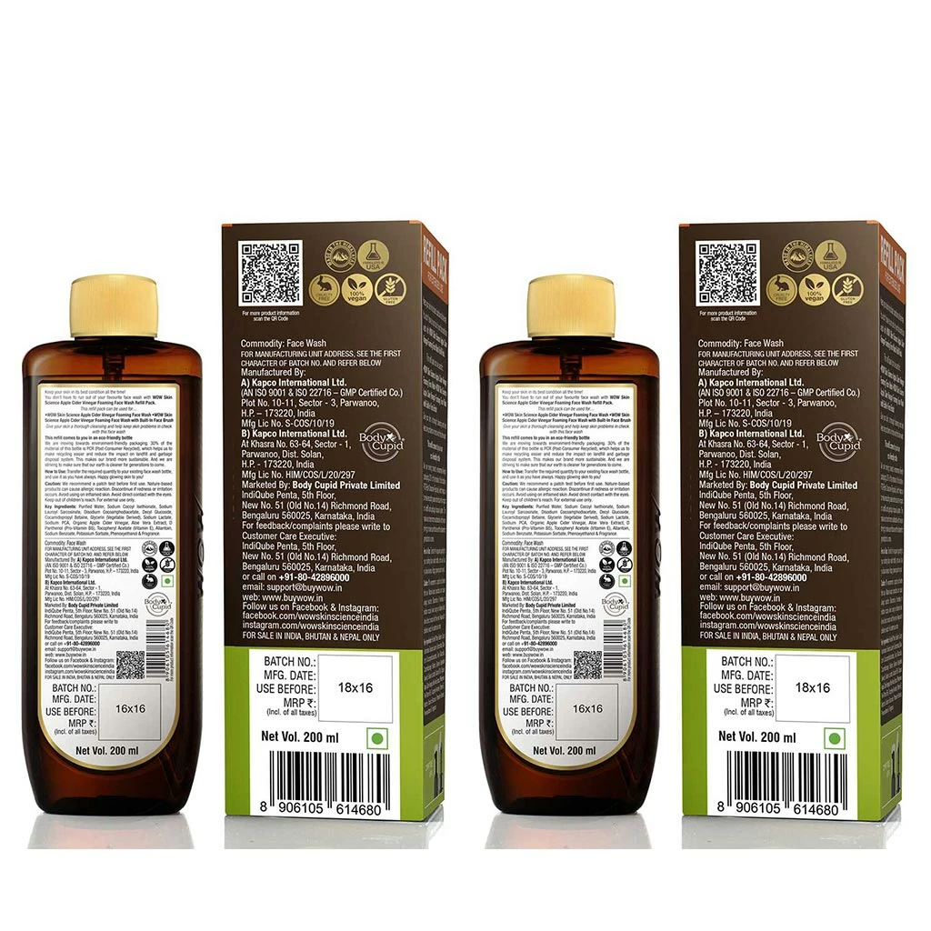 WOW Skin Science Apple Cider Vinegar Foaming Face Wash Refill Pack - 200mL