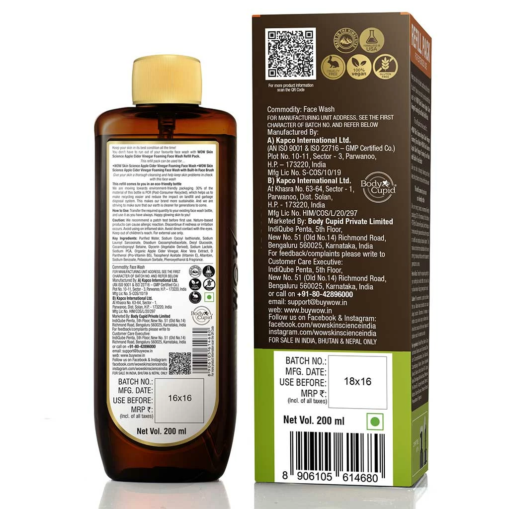 WOW Skin Science Apple Cider Vinegar Foaming Face Wash Refill Pack - 200mL