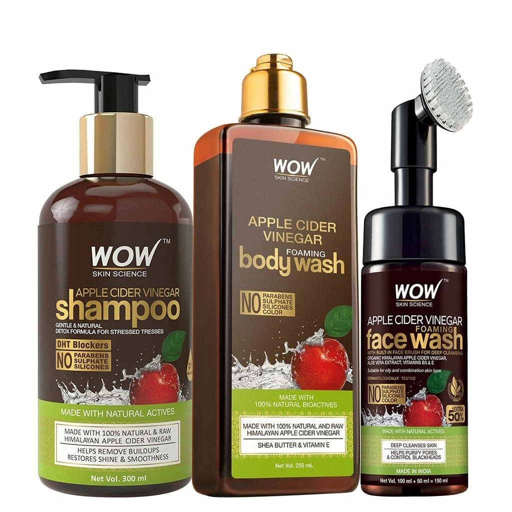 WOW Skin Science Combos Apple Cider Vinegar Ultimate Hair & Skin Care Kit - Shampoo, Hair Oil, & Face Wash