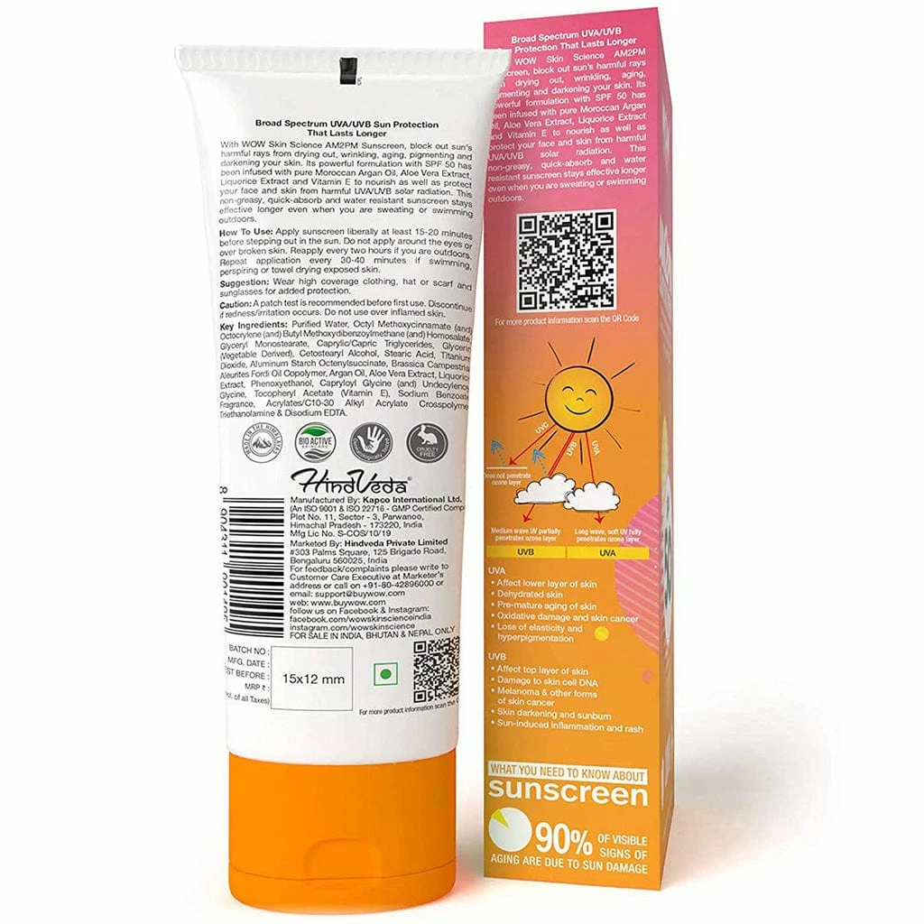 WOW Skin Science AM2PM SPF50 Water Resistant No Parabens & Mineral Oil Sunscreen Lotion - 100 Ml