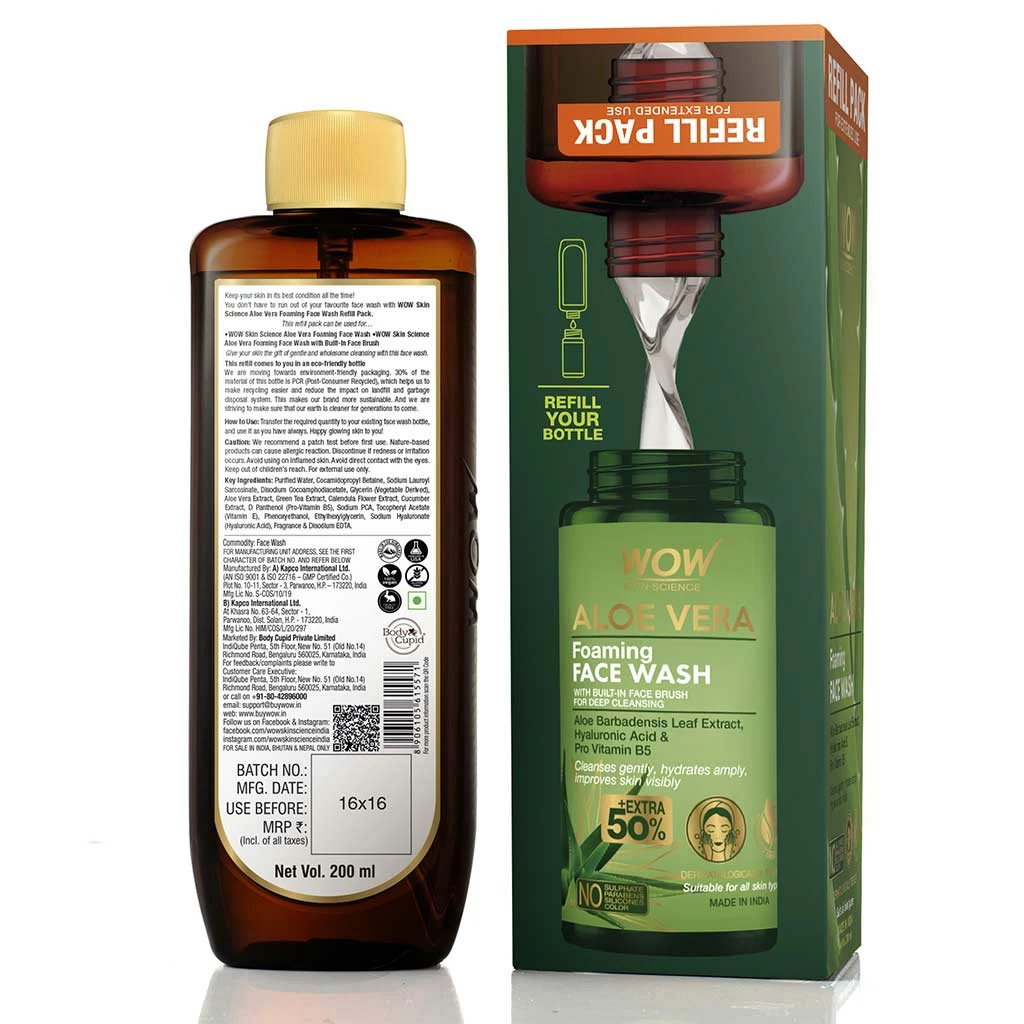 WOW Skin Science Aloe Vera Foaming Face Wash Refill Pack - 200 Ml
