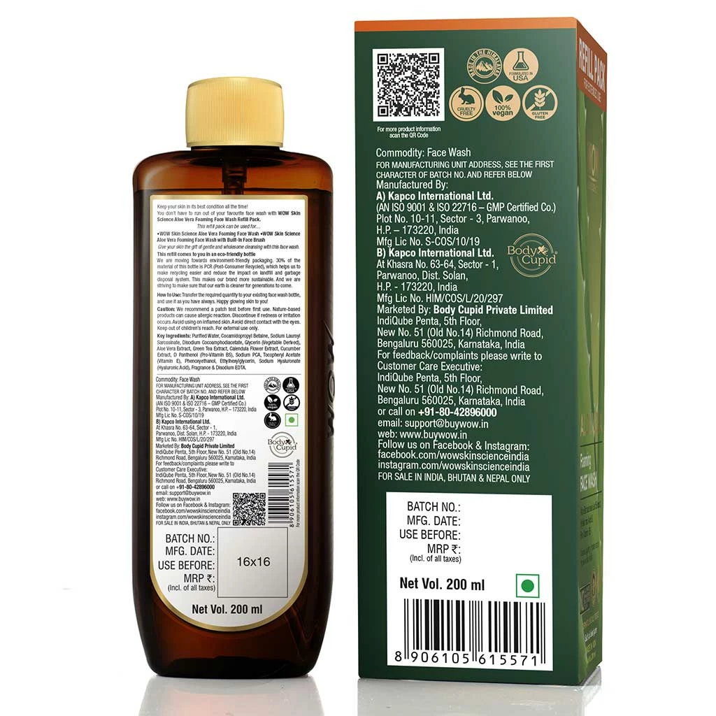 WOW Skin Science Aloe Vera Foaming Face Wash Refill Pack - 200 Ml