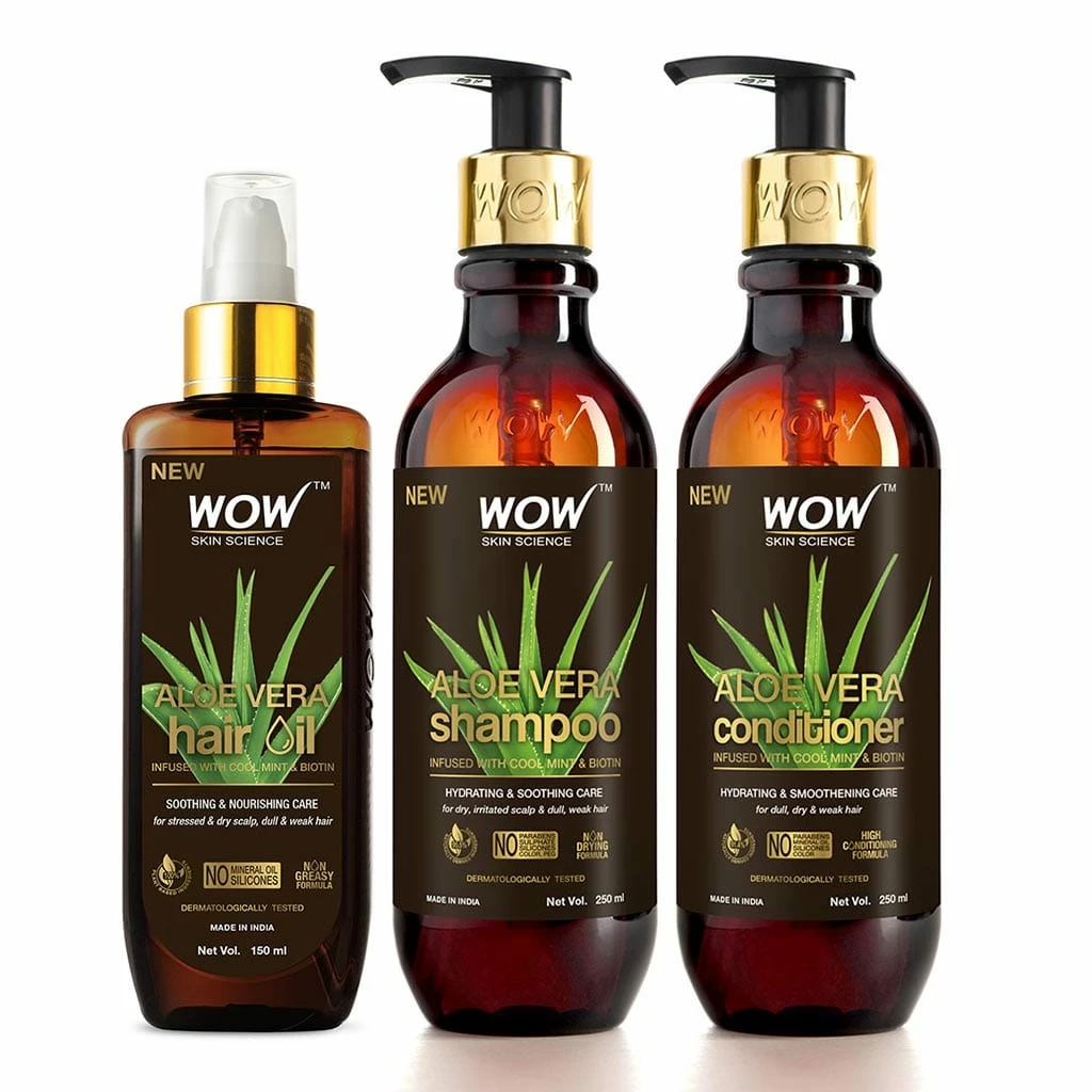 WOW Skin Science Aloe Vera 3 Kit (Hair Oil + Shampoo + Conditioner) - 650 Ml