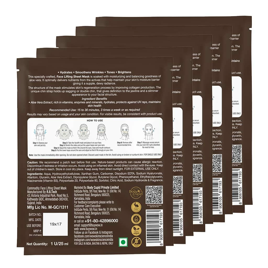 WOW Skin Science Aloe Vera Infused 2 In 1 Face Lifting Sheet Mask - For Skin Toning And Skin Brightening