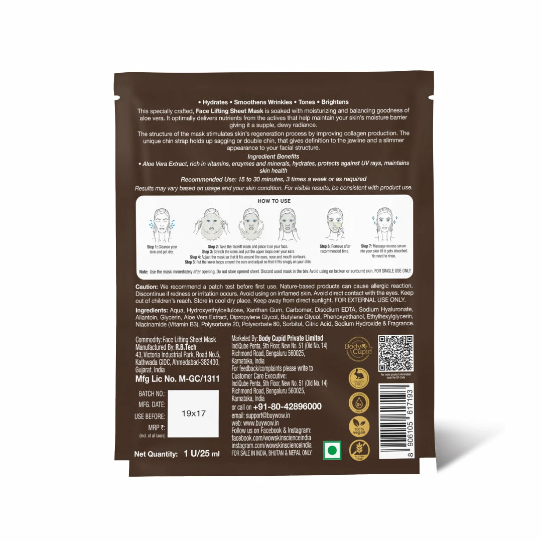 WOW Skin Science Aloe Vera Infused 2 In 1 Face Lifting Sheet Mask - For Skin Toning And Skin Brightening