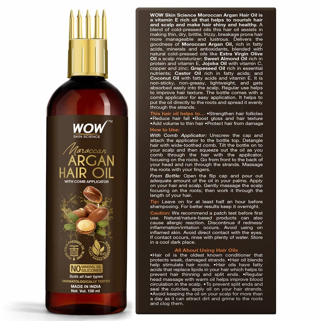 Wow Skin Science Moroccan Argan Hair Oil - WITH COMB APPLICATOR - Cold Pressed - No Mineral Oil & Silicones - 100 Ml