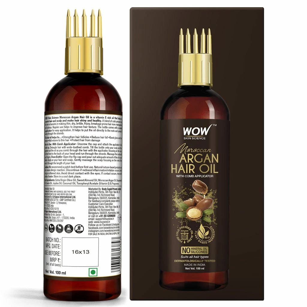 Wow Skin Science Moroccan Argan Hair Oil - WITH COMB APPLICATOR - Cold Pressed - No Mineral Oil & Silicones - 100 Ml