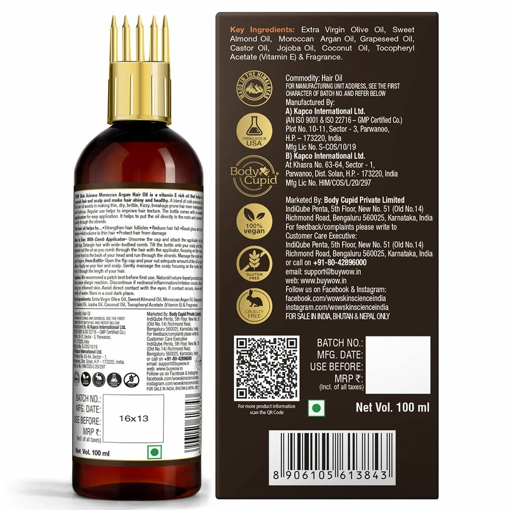 Wow Skin Science Moroccan Argan Hair Oil - WITH COMB APPLICATOR - Cold Pressed - No Mineral Oil & Silicones - 100 Ml