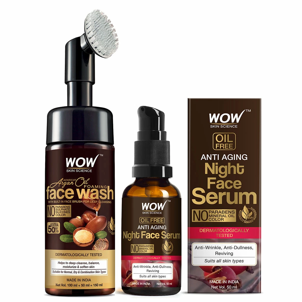 WOW Skin Science Moroccan Argan Oil Foaming Face Wash + Anti Aging Night Face Serum - Net Vol 200 Ml