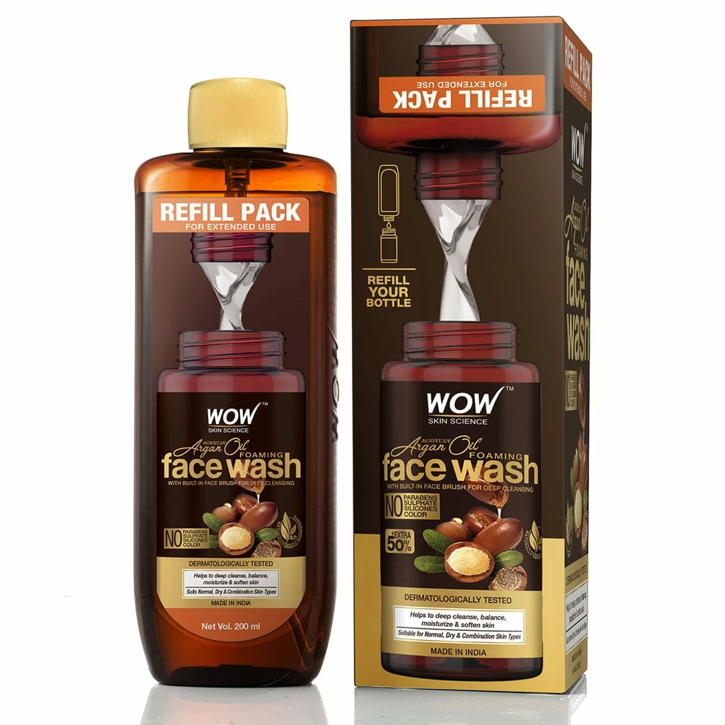 WOW Skin Science Moroccan Argan Oil Foaming Face Wash Refill Pack - With Moroccan Argan Oil - For Extended Use - No Parabens, Sulphate, Silicones & Color - 200 Ml