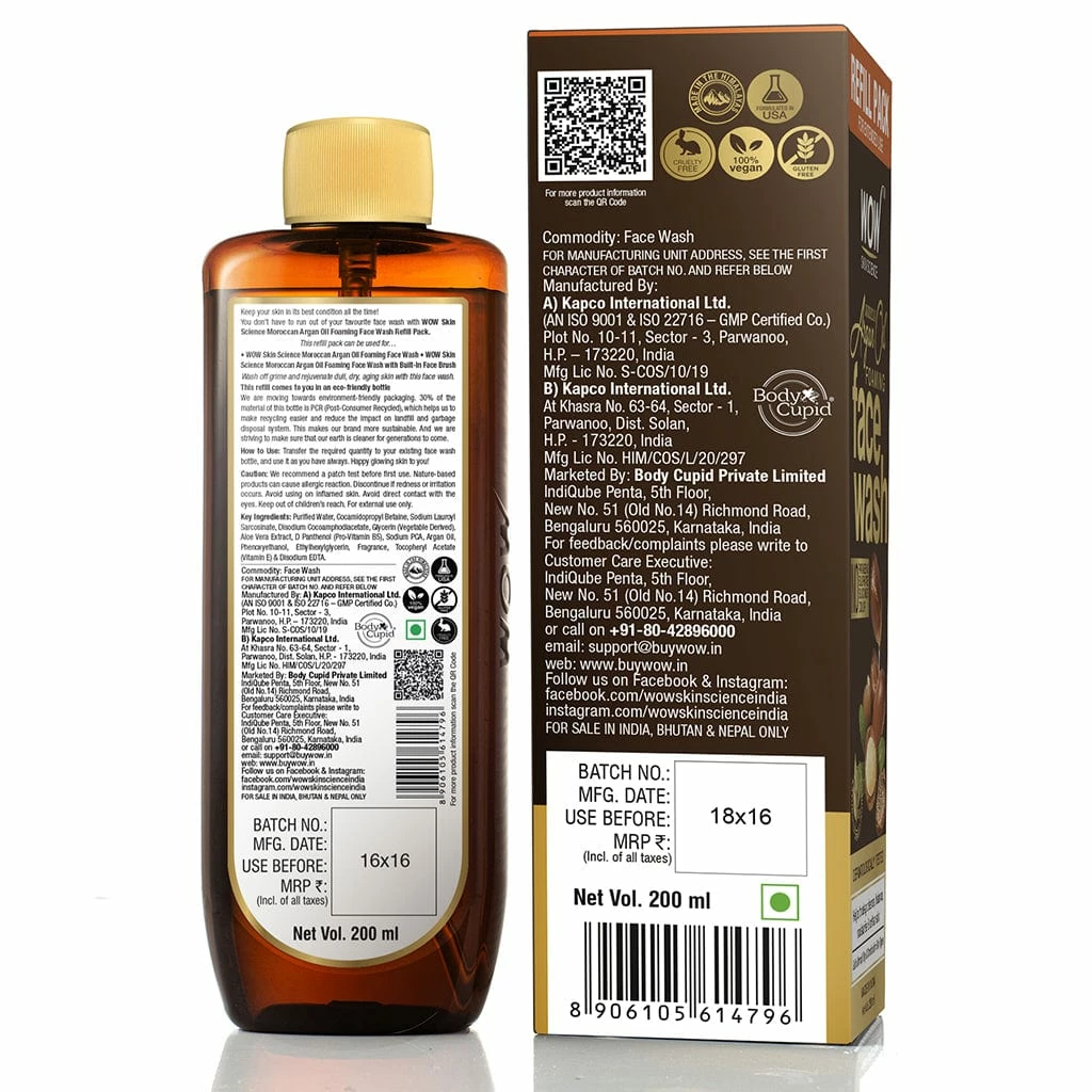 WOW Skin Science Moroccan Argan Oil Foaming Face Wash Refill Pack - With Moroccan Argan Oil - For Extended Use - No Parabens, Sulphate, Silicones & Color - 200 Ml