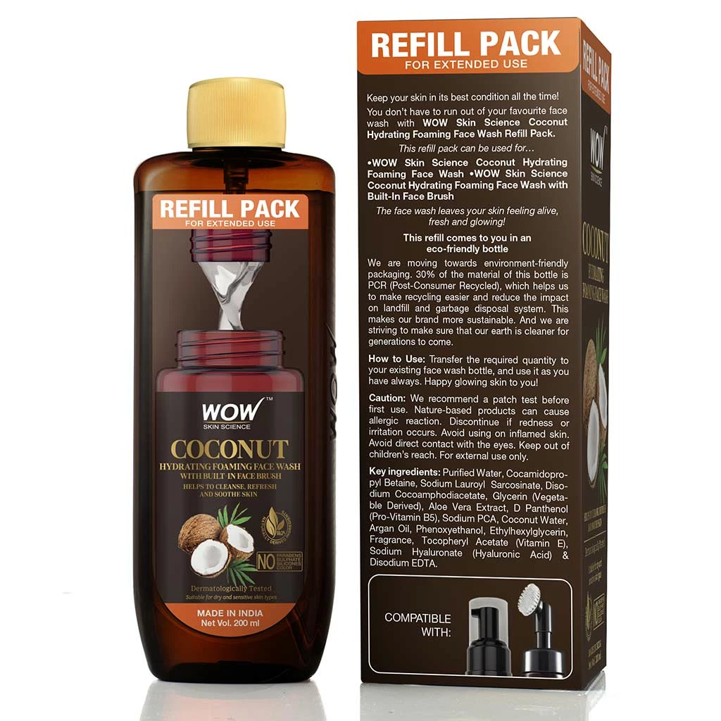 WOW Skin Science Coconut Hydrating Foaming Face Wash Refill Pack - With Coconut Water - For Cleansing, Soothing Skin - For Extended Use