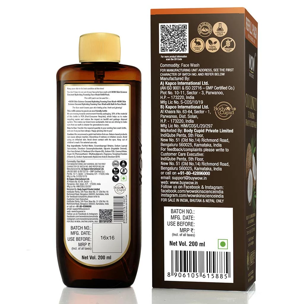 WOW Skin Science Coconut Hydrating Foaming Face Wash Refill Pack - With Coconut Water - For Cleansing, Soothing Skin - For Extended Use