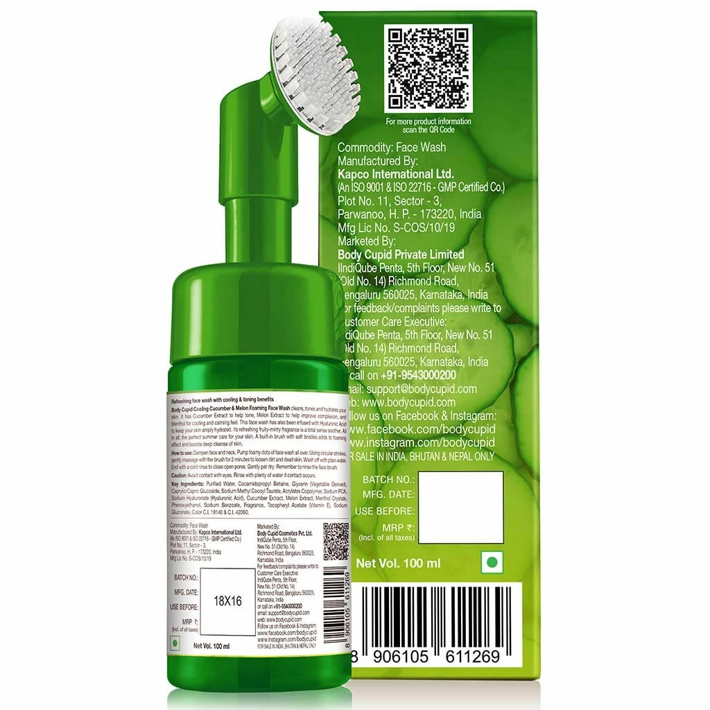 Cucumber And Melon Cooling Foaming Face Wash (with Built-in-brush) By Body Cupid - 100 Ml