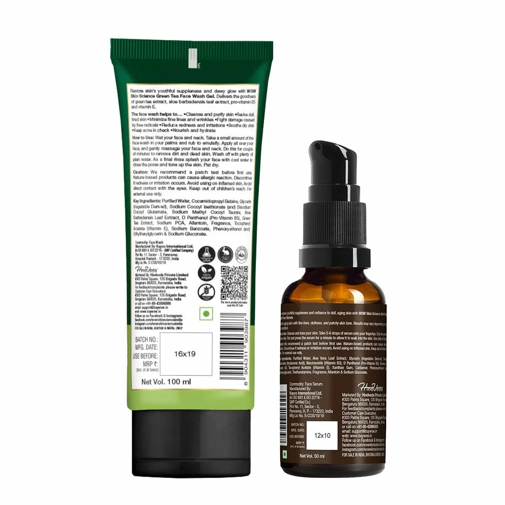 WOW Skin Science Ingredients Green Tea Face Wash Gel + Anti Aging Night Face Serum - Net Vol. 150 Ml