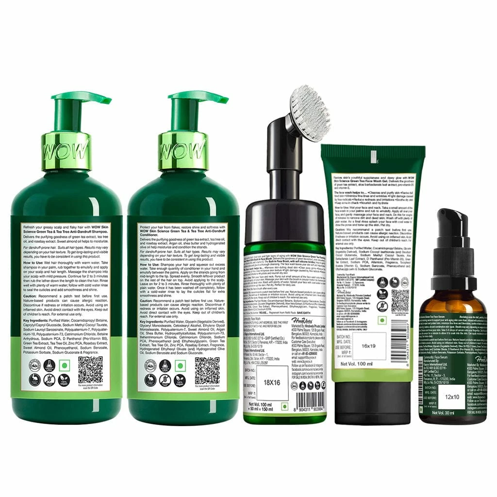 WOW Skin Science Green Tea & Tea Tree Anti Dandruff Ultimate Combo 5 Kit - Net Vol - 880 Ml Ingredients