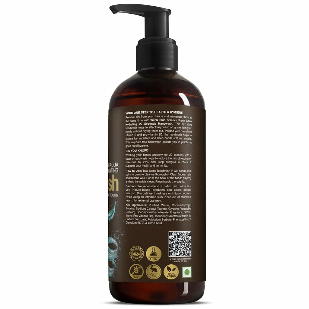 WOW Skin Science Fresh Aqua Hydrating Handwash - 20 Seconds - No Sulphate, Parabens, Silicones, Color & Triclosan - 500 Ml