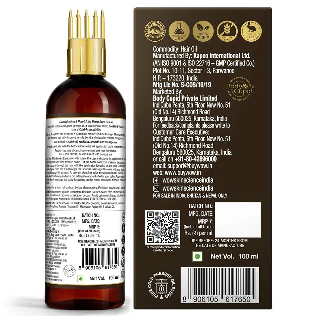 WOW Skin Science Hemp Hair Oil For Dry, Damaged And Chemically Treated Hair - 150ml