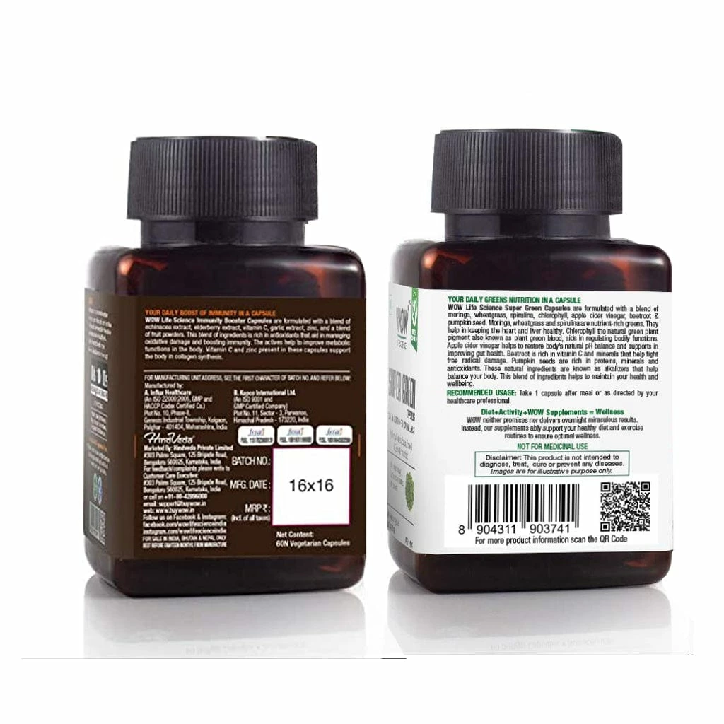 WOW Skin Science Immunity Booster Capsules + Super Green Capsules - Net Vol - 120 Veg Capsules