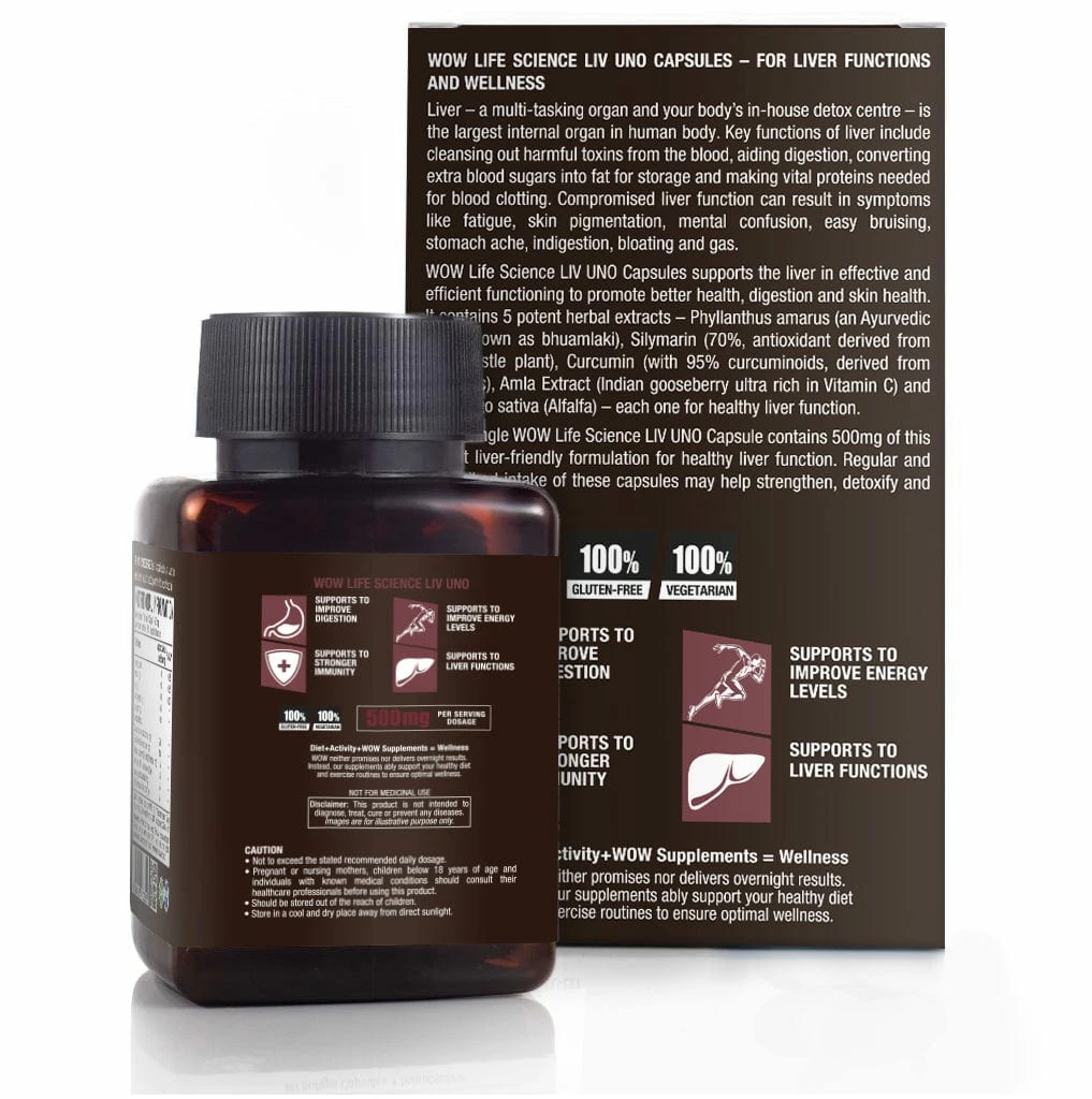 WOW Life Science Nutrition Liv Uno (Blend Of 5 Herbal Extracts) 500 Mg - 60 Vegetarian Capsules