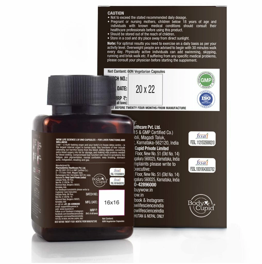WOW Life Science Nutrition Liv Uno (Blend Of 5 Herbal Extracts) 500 Mg - 60 Vegetarian Capsules