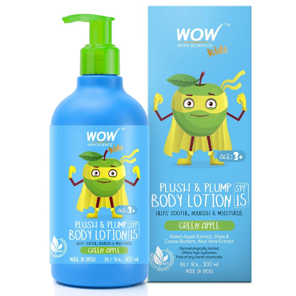 WOW Skin Science Kids Plush & Plump Body Lotion - Green Apple - SPF 15 - No Parabens, Mineral Oil, Silicones & Color - 300 Ml Mother & Child