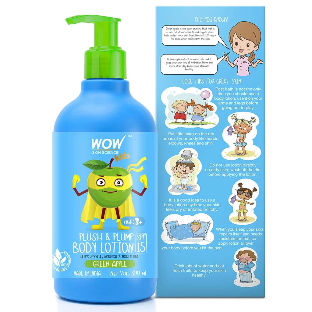 WOW Skin Science Kids Plush & Plump Body Lotion - Green Apple - SPF 15 - No Parabens, Mineral Oil, Silicones & Color - 300 Ml Mother & Child