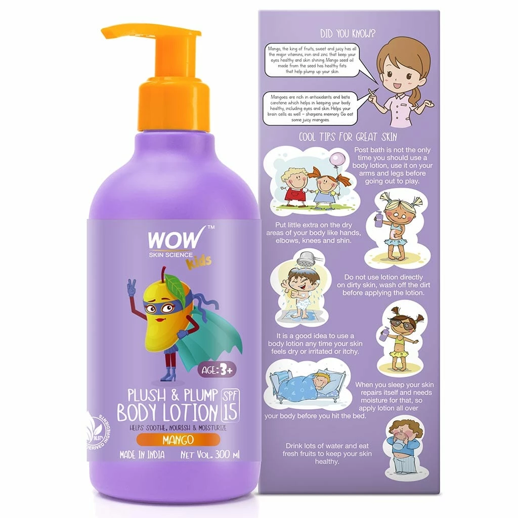 WOW Skin Science Kids Plush & Plump Body Lotion - Mango - SPF 15 - No Parabens, Mineral Oil, Silicones & Color - 300 Ml