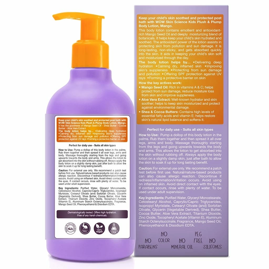 WOW Skin Science Kids Plush & Plump Body Lotion - Mango - SPF 15 - No Parabens, Mineral Oil, Silicones & Color - 300 Ml