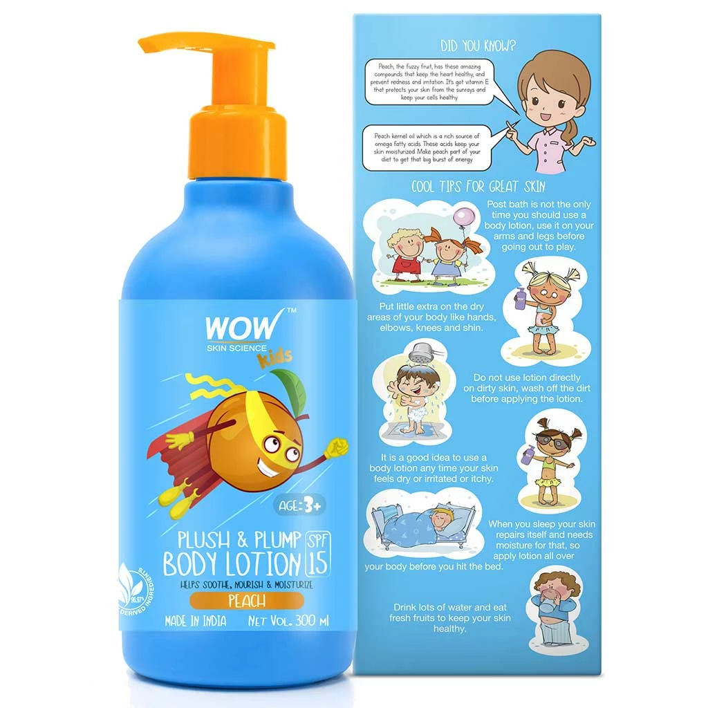 WOW Skin Science Kids Plush & Plump Body Lotion - Peach - SPF 15 - No Parabens, Mineral Oil, Silicones & Color - 300 Ml