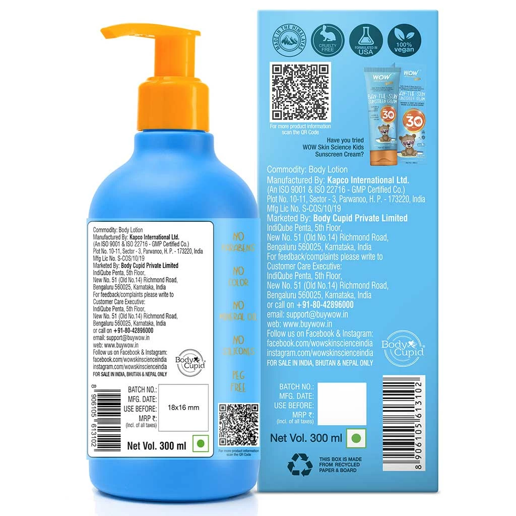 WOW Skin Science Kids Plush & Plump Body Lotion - Peach - SPF 15 - No Parabens, Mineral Oil, Silicones & Color - 300 Ml