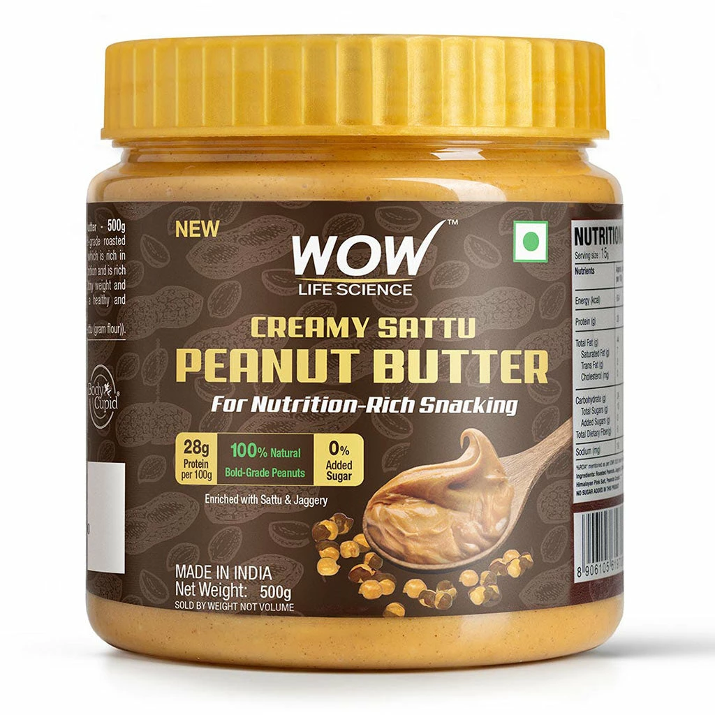 WOW Skin Science Crunchy Unsweetened Peanut Butter - 500 GM