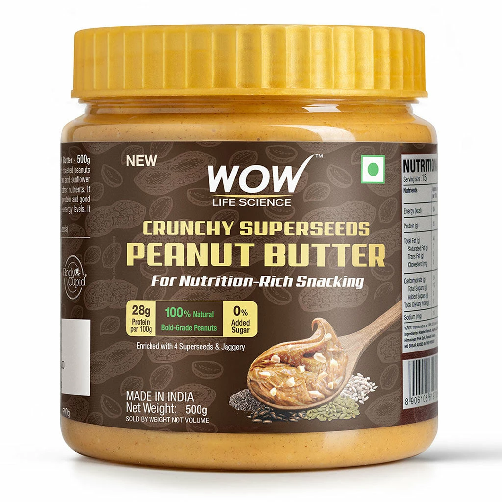 WOW Skin Science Crunchy Unsweetened Peanut Butter - 500 GM