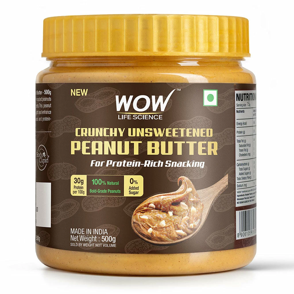 WOW Skin Science Crunchy Unsweetened Peanut Butter - 500 GM