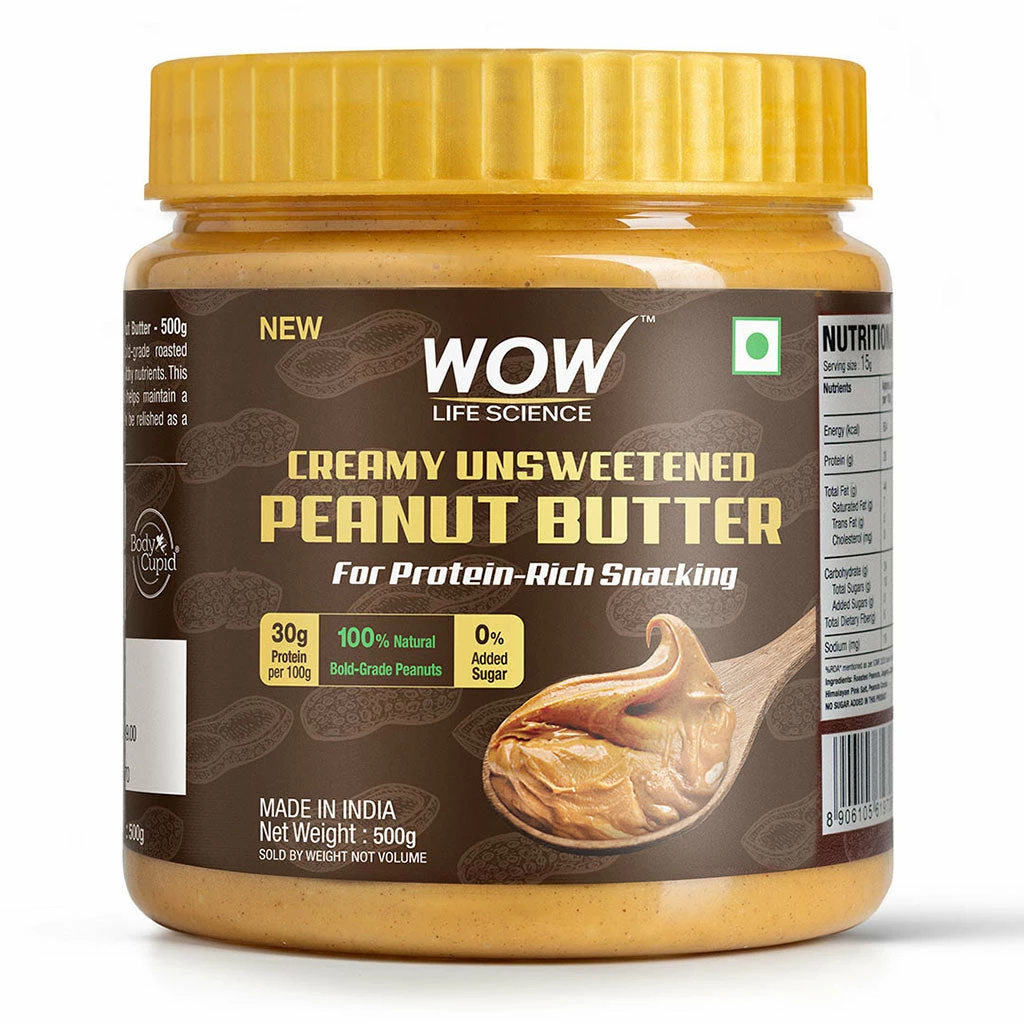 WOW Skin Science Crunchy Unsweetened Peanut Butter - 500 GM