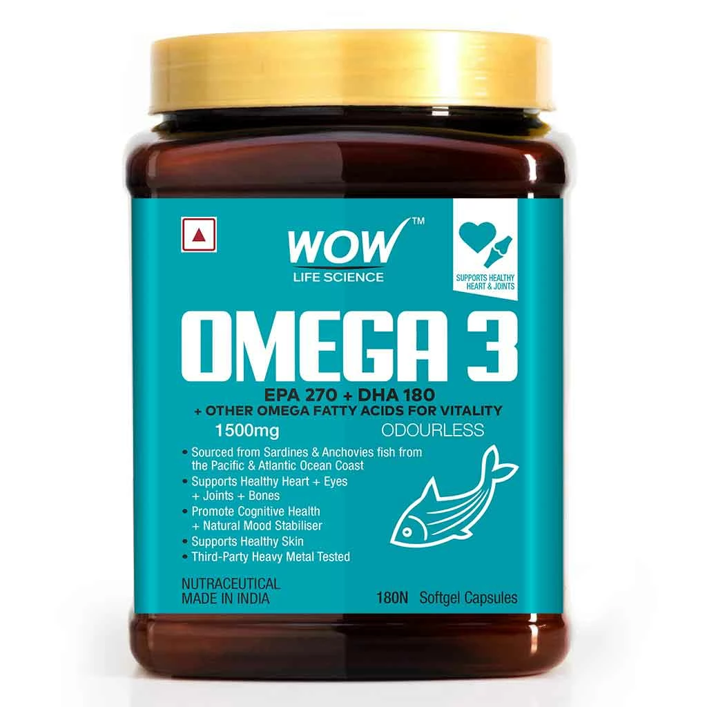 WOW Life Science Omega-3 1500mg Capsules With Fish Oil - EPA 270 + DHA 180 Enriched